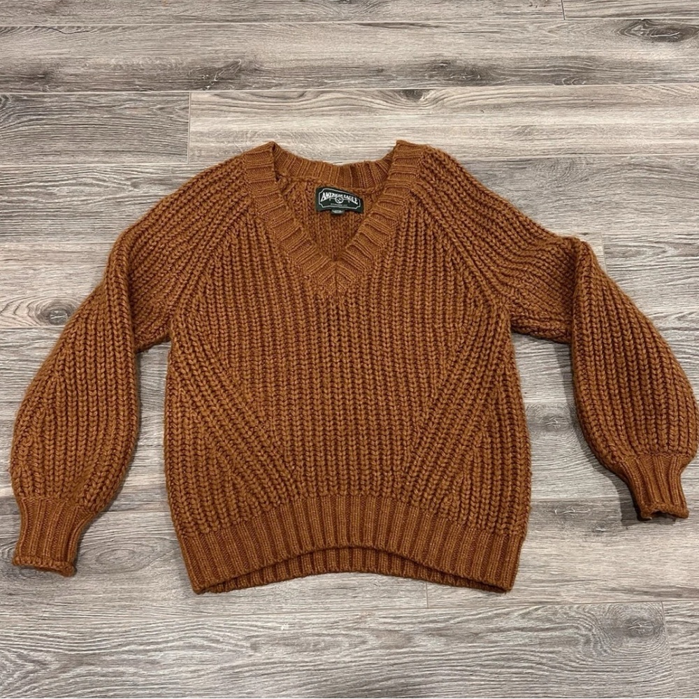 American Eagle Outfitters Chunky Knit V-Neck Sweater in a rust or brown color.